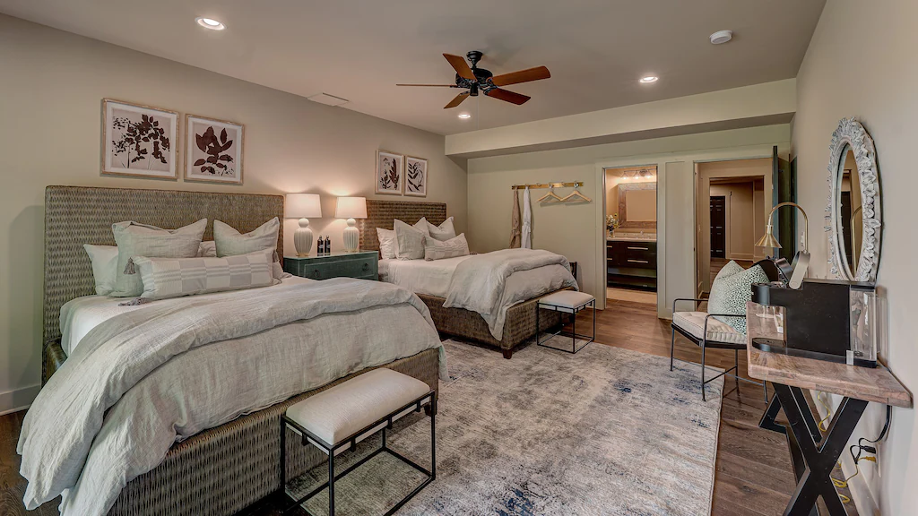 Double queen beds, bottom floor of the Lodge