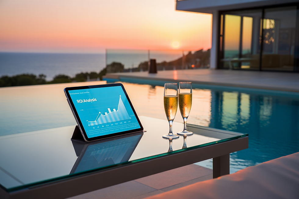 Infinity pool of a contemporary Mallorca villa overlooking the Mediterranean Sea during golden hour.