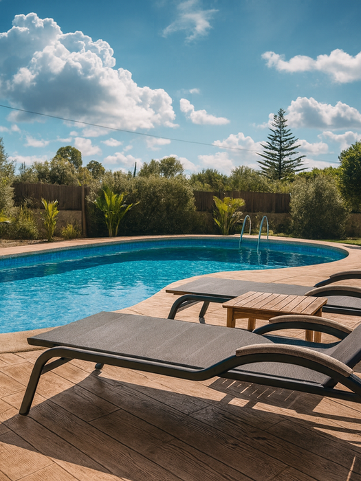 Image of a poolside with lounge chairs, surrounded by greenery under a blue sky.