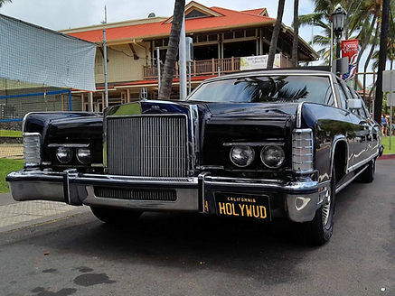 Pono the black classic stretch limo a 1979 lincoln continental up close front grill and bumper with HOLYWUD license plate
