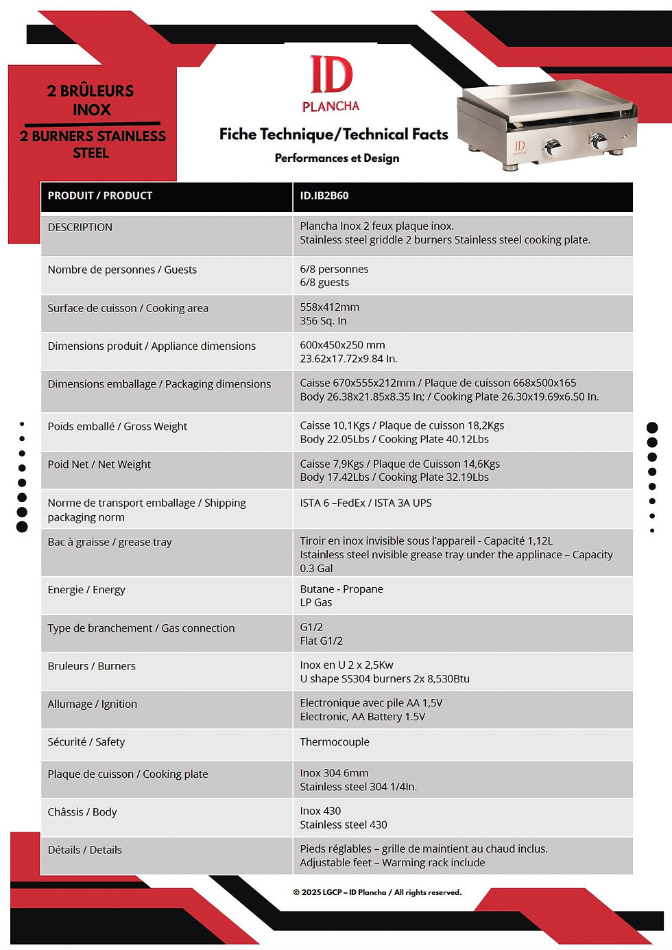 Miniature : plancha gaz inox 2 feux - ID Plancha- fiche techniques