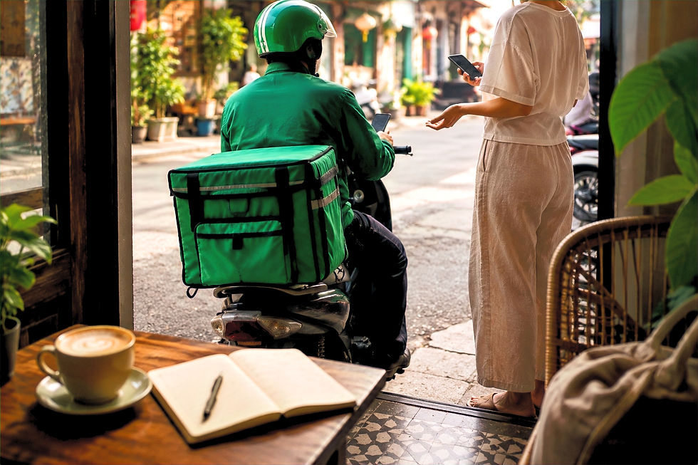 A delivery person on a scooter with a green bag talks to a person holding a phone.