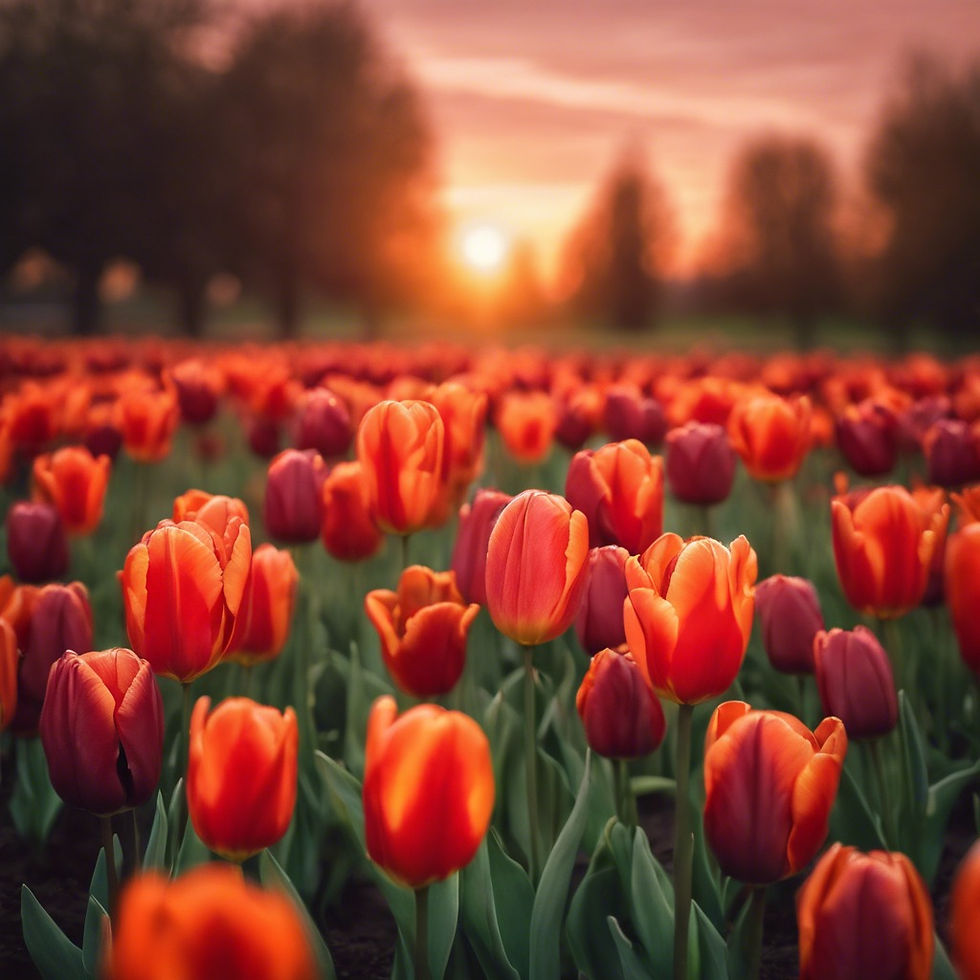 A meadow of orange and red tulips at sunset.jpg