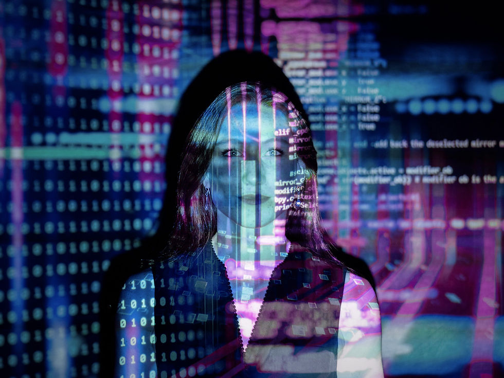 Female in dark room with code projected over her