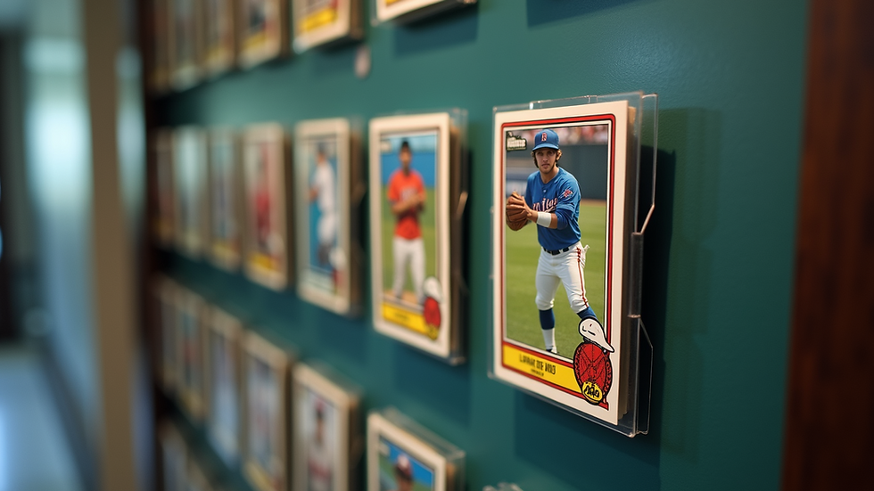 Close-up view of a rare sports card collection displayed in a glass case