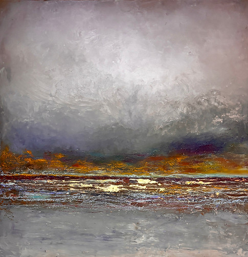 Mineral abstract painting by Brigitte Dravet, layered grey and gold textures