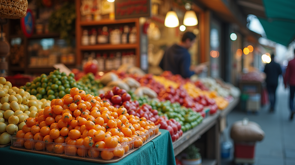 Eye-level view of a vibrant market stall filled with colorful products