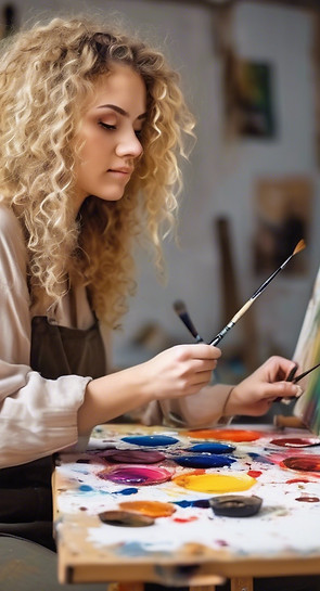 show a young blonde curly haired woman painting creativity (put the brushes facing the can