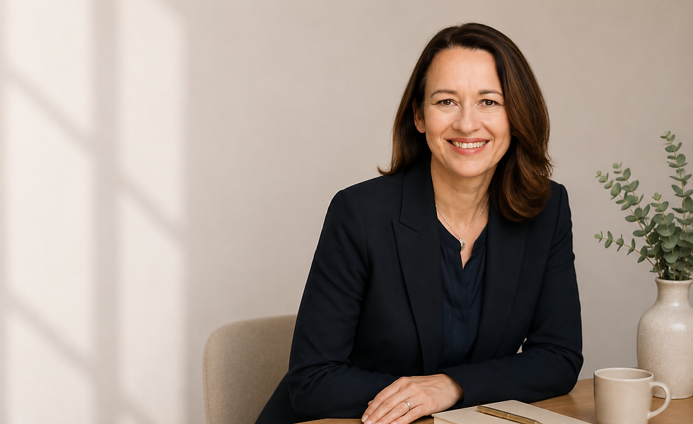 Christine Schremb, unabhängige Finanzmentorin, sitzt an ihrem Schreibtisch und blickt offen in die Kamera.