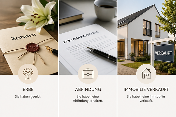 Illustration typischer Entscheidungssituationen: Erbe, Abfindung und Immobilienverkauf als Anlass für eine Geldanlage