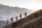 Group of young active hikers with backpacks walks uphill in mountains at sunset.jpg