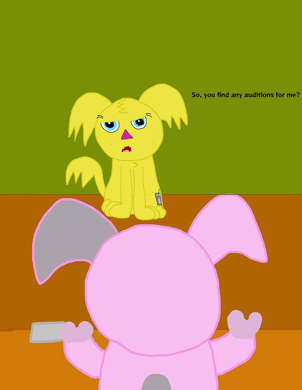 Delilah is standing in front Anthony Rinds, a pink pig with a gray right ear and gray patch on his back, sitting at a desk with a gray nameplate ​ Delilah: So, you find any auditions for me?