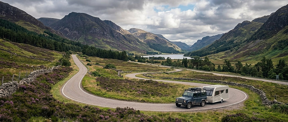 Car driving on a Highland road towing a caravan with hills in the background