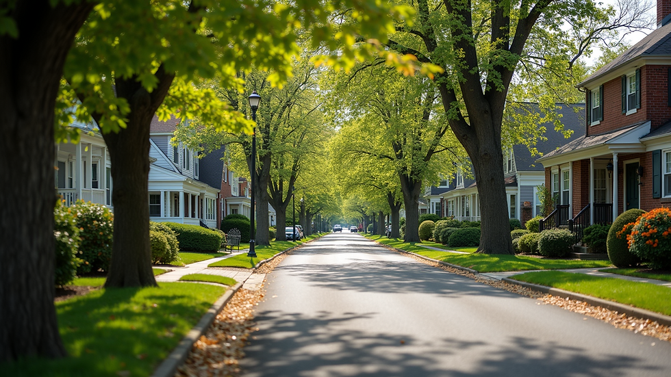Eye-level view of a charming residential street in York County with traditional homes and tree-lined sidewalks