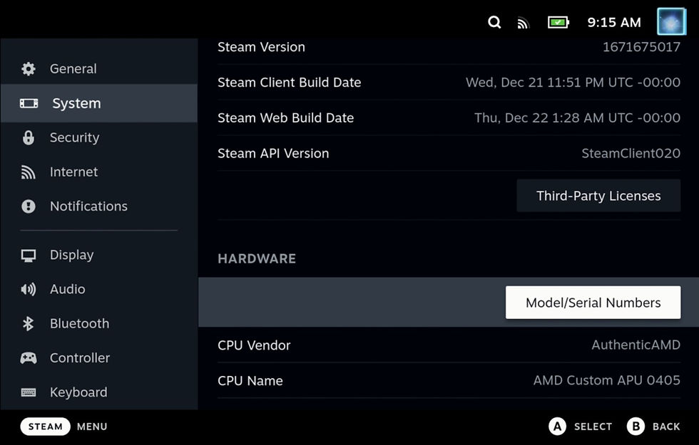 System Settings Model/Serial Numbers