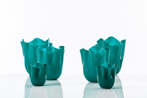 Two groups of Fazzoletto vasees in three sizes pictured in Paraiba green from Venini
