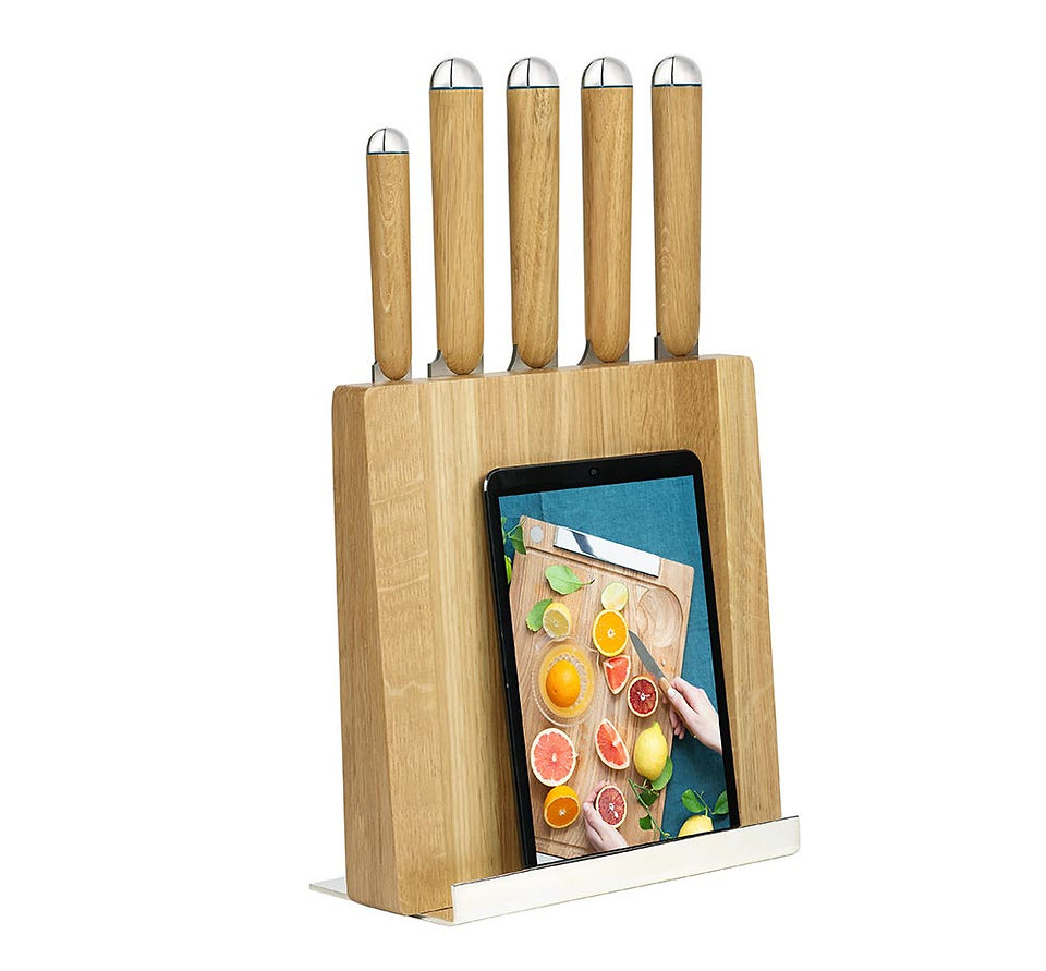 Showing the iPad / recipe book holder on the reverse of the Christofle Royal Chef knife storage block with silver plated rest