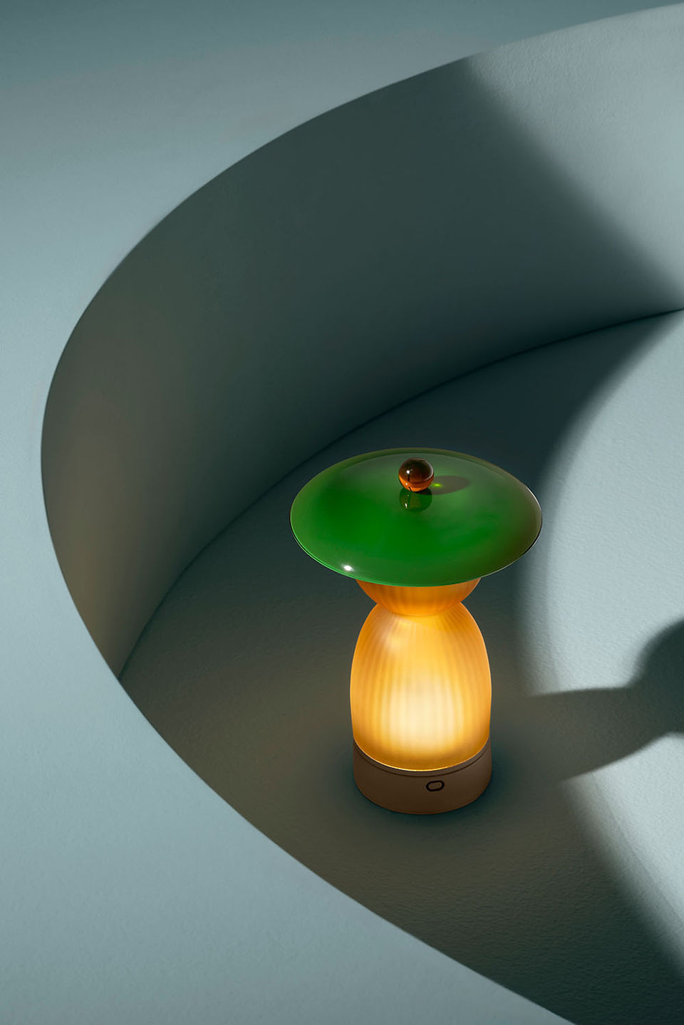 NasonMoretti's Jingasa lamp with pine green lampshade and amber glass