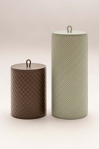 Riviere Ivo bins pictured in quilted diamonds and handwoven leather finishes