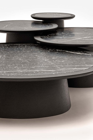 Closeup of the Maris coffee tables designed by Kelly Wearstler x Giobagnara