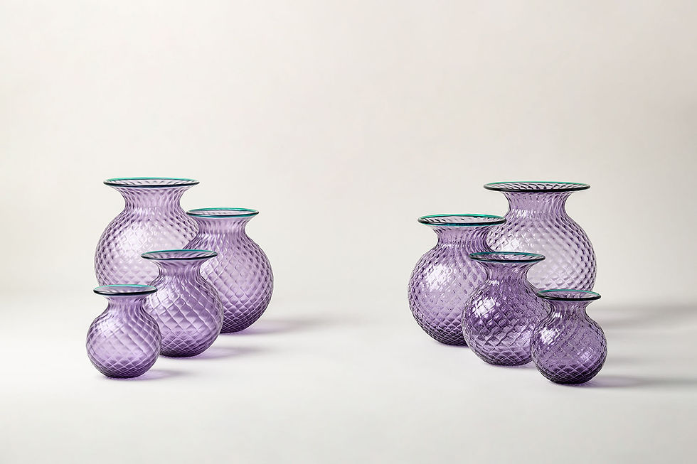 VENINI Balloton Fiori vases pictured in sandblasted and opalino finishes, in the Lilla Menta colour.