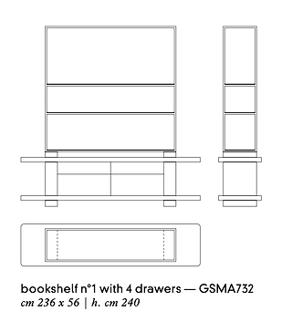 Line drawing of Elliot Bookshelf No.1 GSMA732 with 4 drawers configuration