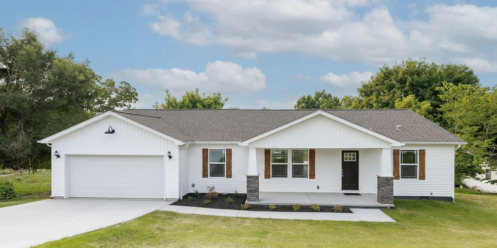 Modern Hawthorne CrossMod floor plan featuring a farmhouse-style exterior with white board-and-batten siding, rustic wood shutters, stone-wrapped porch pillars, and an integrated two-car garage on a North Georgia lot.