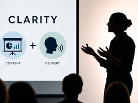 Silhouette of a woman presenting a CLARITY slide about content + delivery to an audience.
