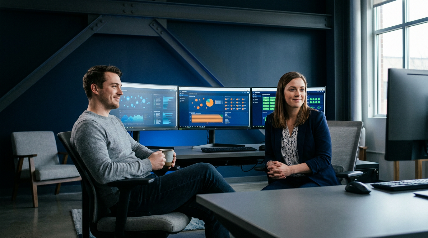 Engineers monitoring application health dashboards in a modern operations centre