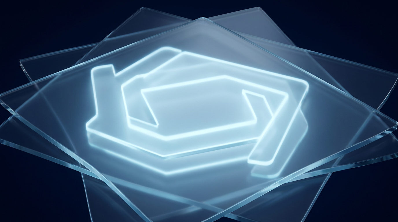 Layered translucent glass planes with one inner layer glowing, suggesting intelligence embedded within a structure