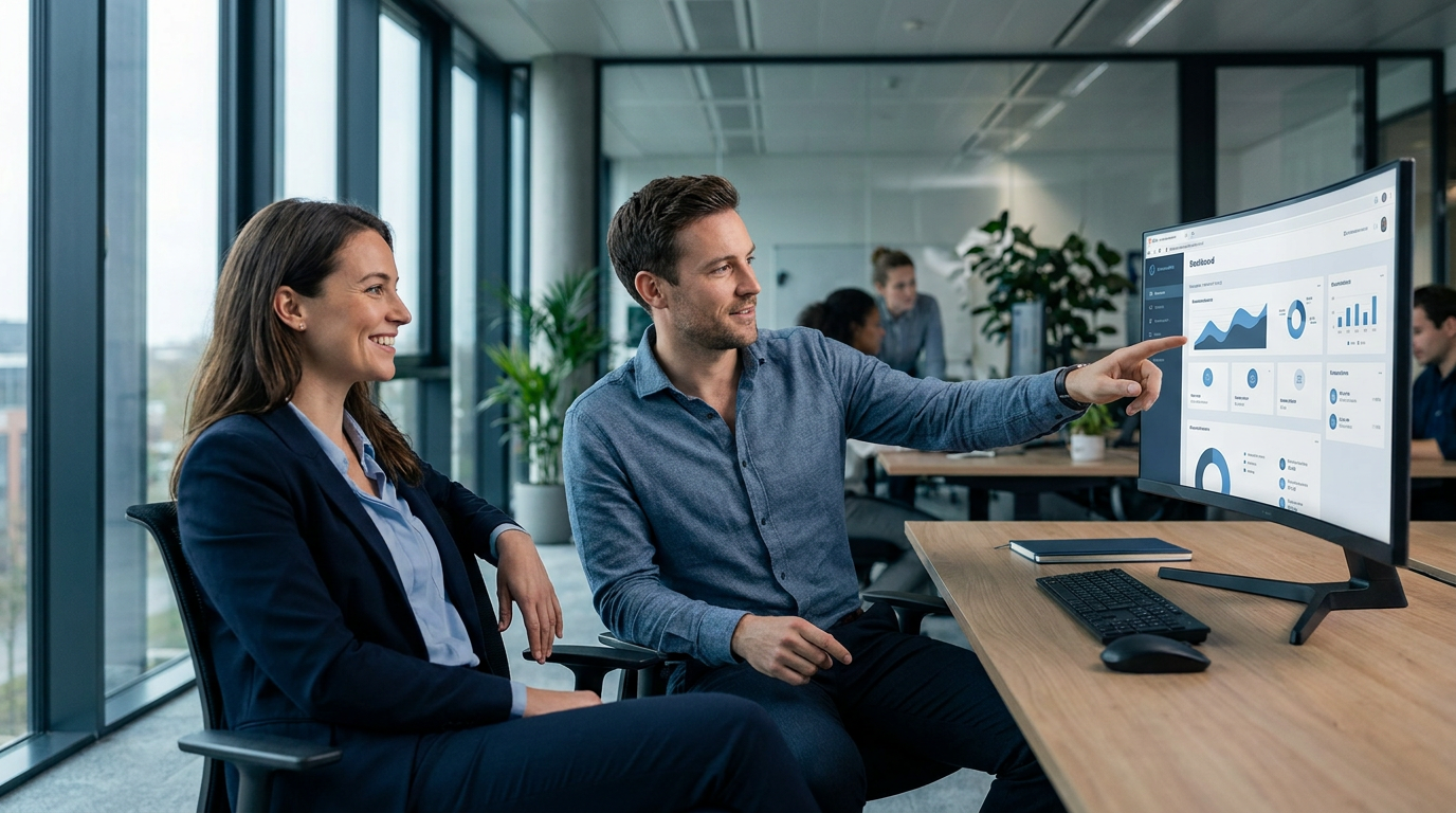 Colleagues reviewing a browser-based business application on a large monitor