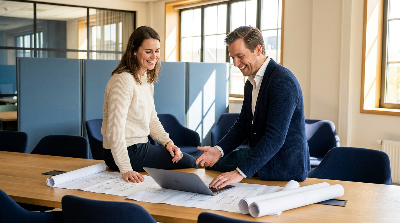 Two colleagues discussing architecture sketches over a laptop in a bright office