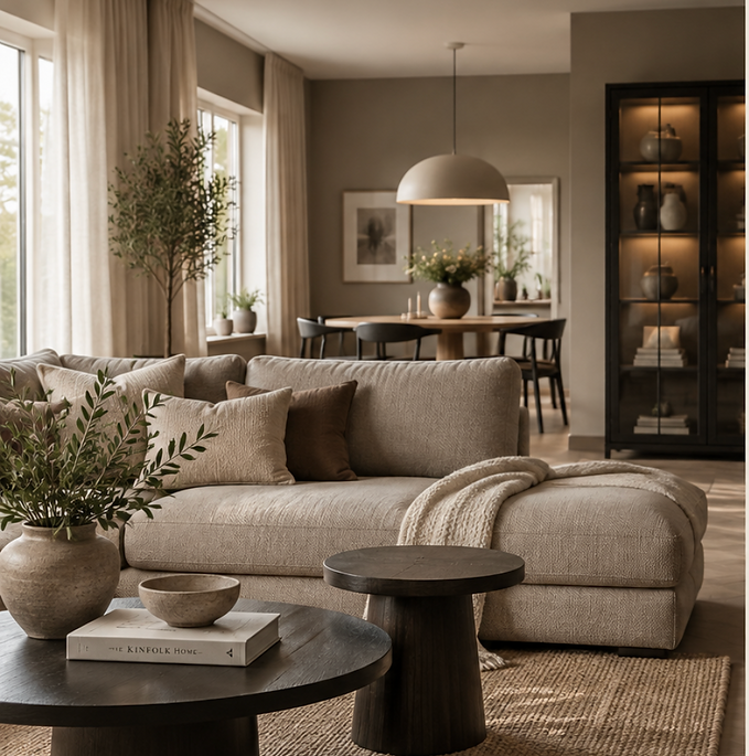 Lun stove i varme jordtonar med bige sofa og naturlge mateialar