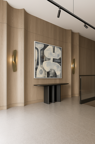 “Urban Echo” is a futuristic play of grays, forms, and structures.
Its surface recalls concrete and metal – materials that shape our cities, cold yet full of traces of human presence.
The work reflects the invisible echoes of urban life: sounds, movements, memories inscribed into walls and streets.
In its silence, it carries the resonance of an entire city.