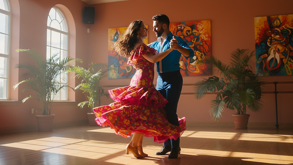 Vue rapprochée d’un couple dansant la bachata dans un studio lumineux