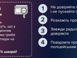 ДО УВАГИ УЧНІВ ТА БАТЬКІВ: НАЦІОНАЛЬНА ПОЛІЦІЯ ПОПЕРЕДЖАЄ ПРО ШАХРАЙСЬКІ СХЕМИ. ПРОСТІ ПРАВИЛИЛА БЕЗПЕКИ