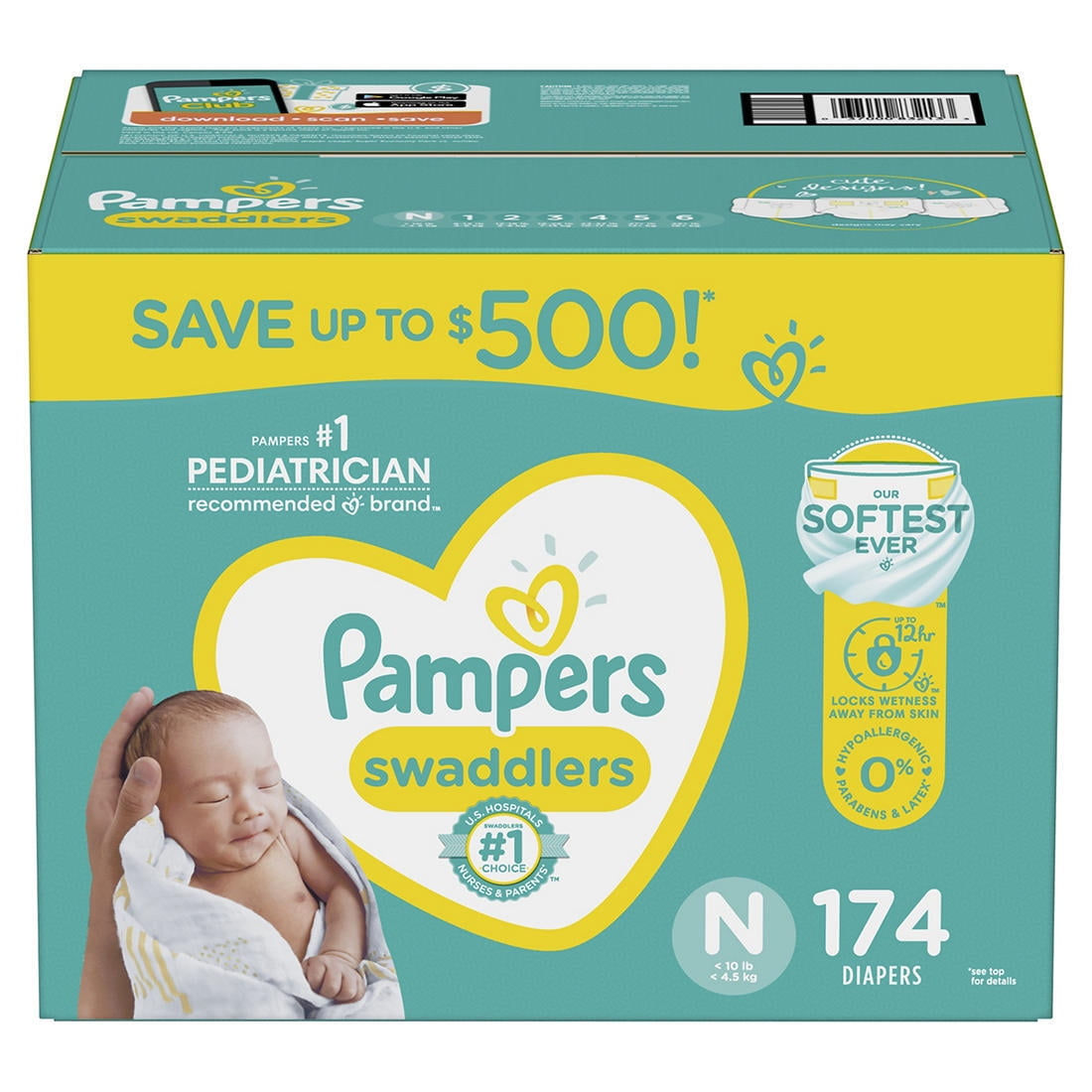 Pampers Swaddlers Diapers, Size N (Newborn up to first weeks), 174 pieces