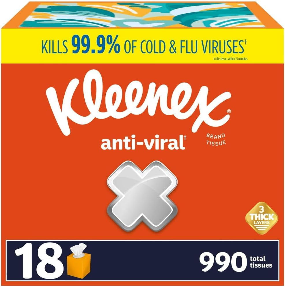 Kleenex Anti-Viral Facial Tissues, Classroom or Office Tissue, 18 Cube Boxes, 55