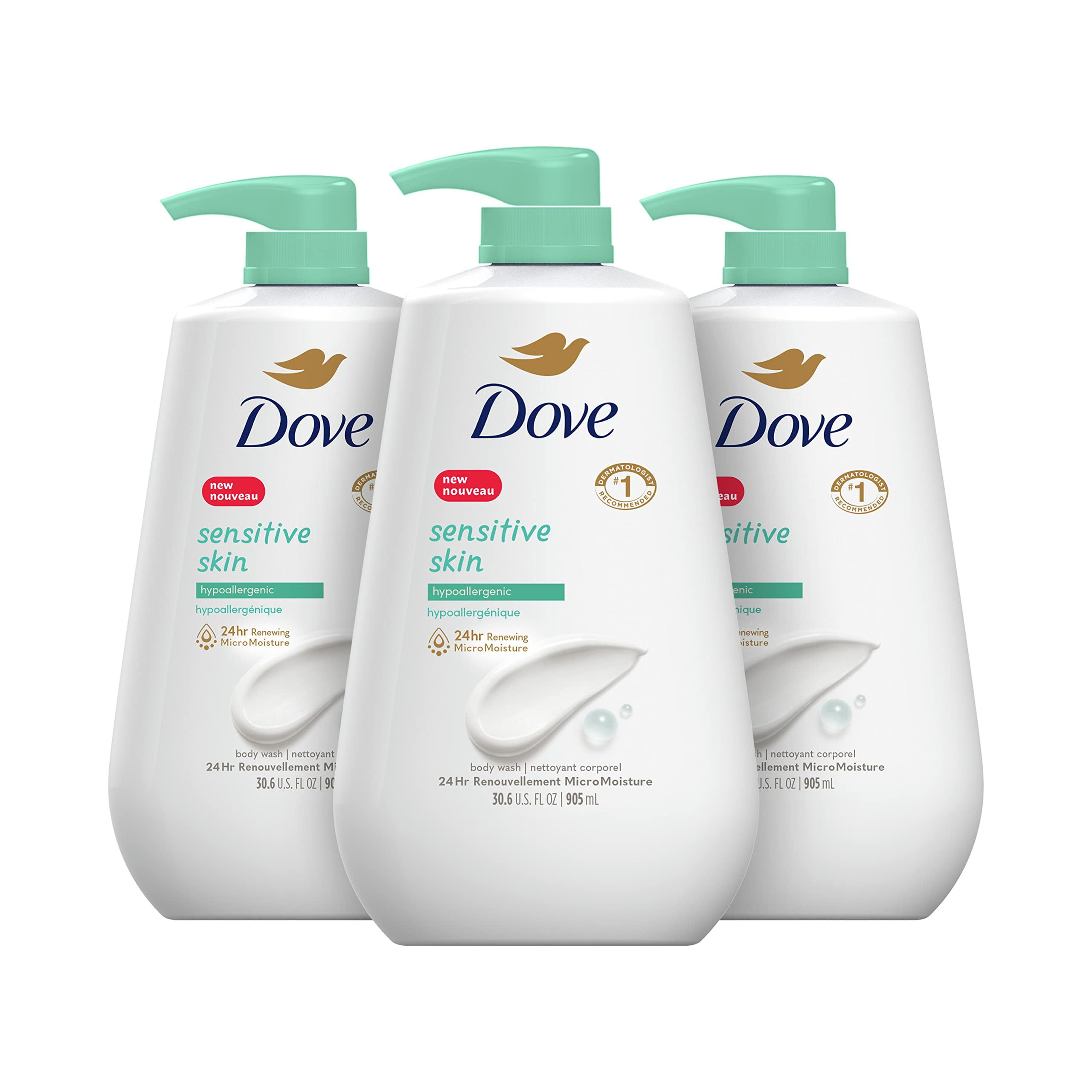Dove Sensitive Skin Body Wash, Hypoallergenic and Paraben-Free, 30.6 fl oz (Pack