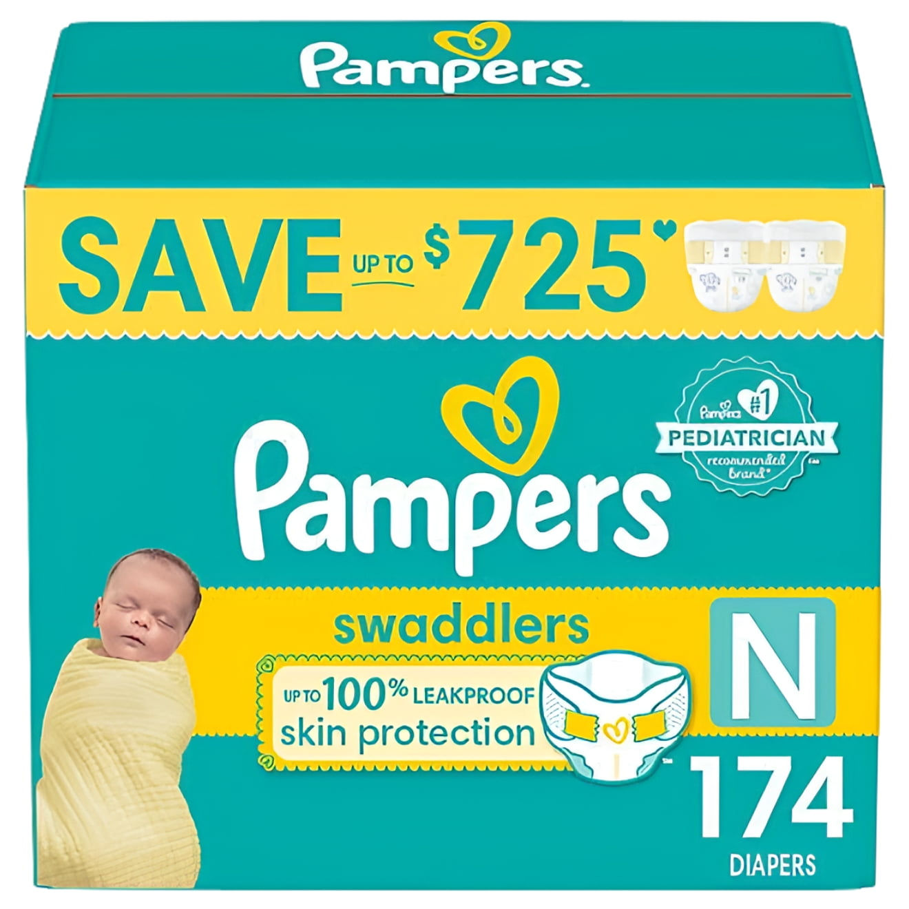 Pampers Swaddlers Diapers, Newborn (Less than 10 Pounds), 174 Count
