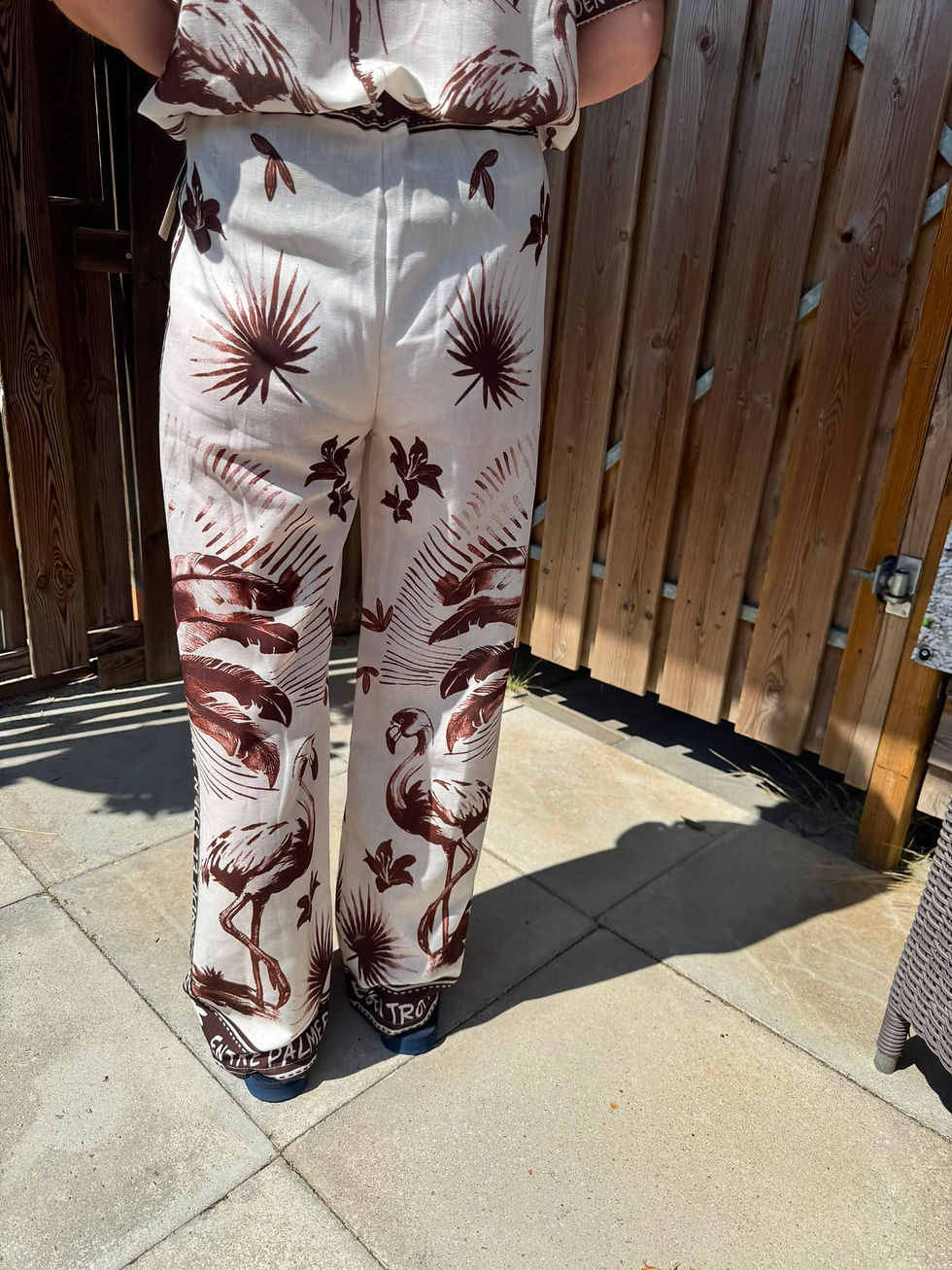 Thumbnail: Italian Linen Blend 2 Piece Set, Tropical Print Shirt & Wide Leg Trousers, Brown