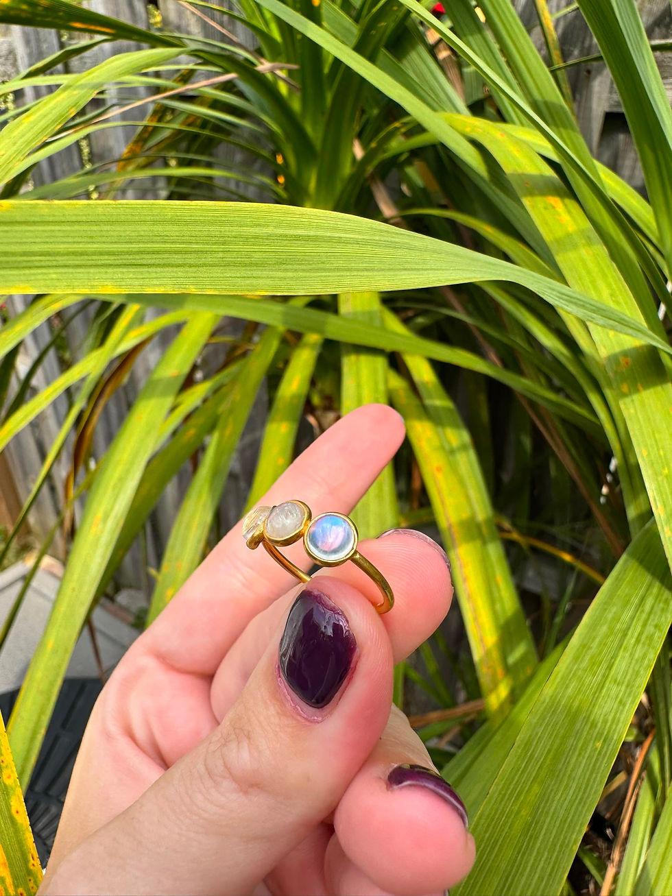 Thumbnail: Triple Moonstone Ring 925 Sterling Silver Gold Plated, Blue Flash Moonstone Ring