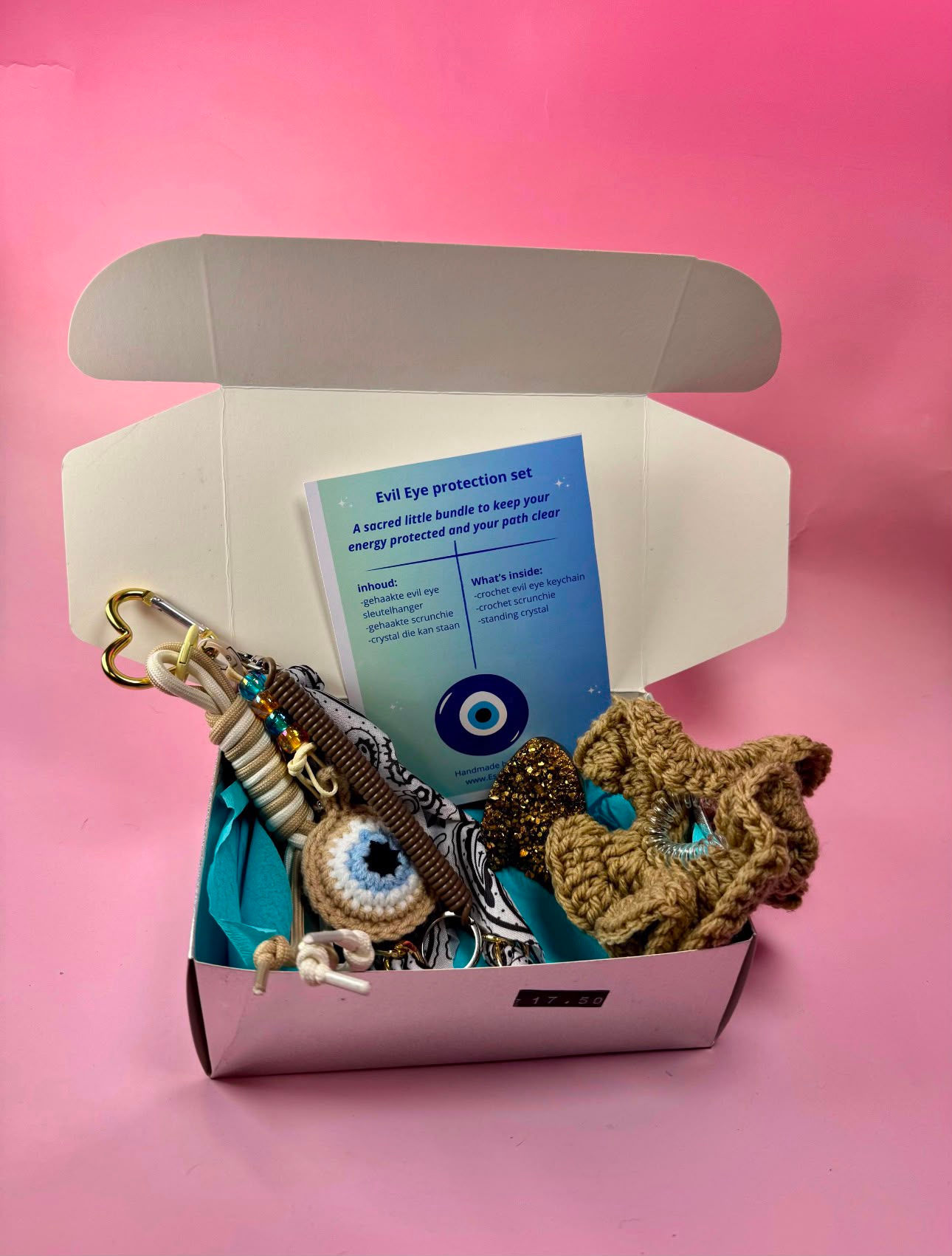 Beige Evil Eye Protection Gift Set • Crochet Keychain & Scrunchie • Gold-Dipped