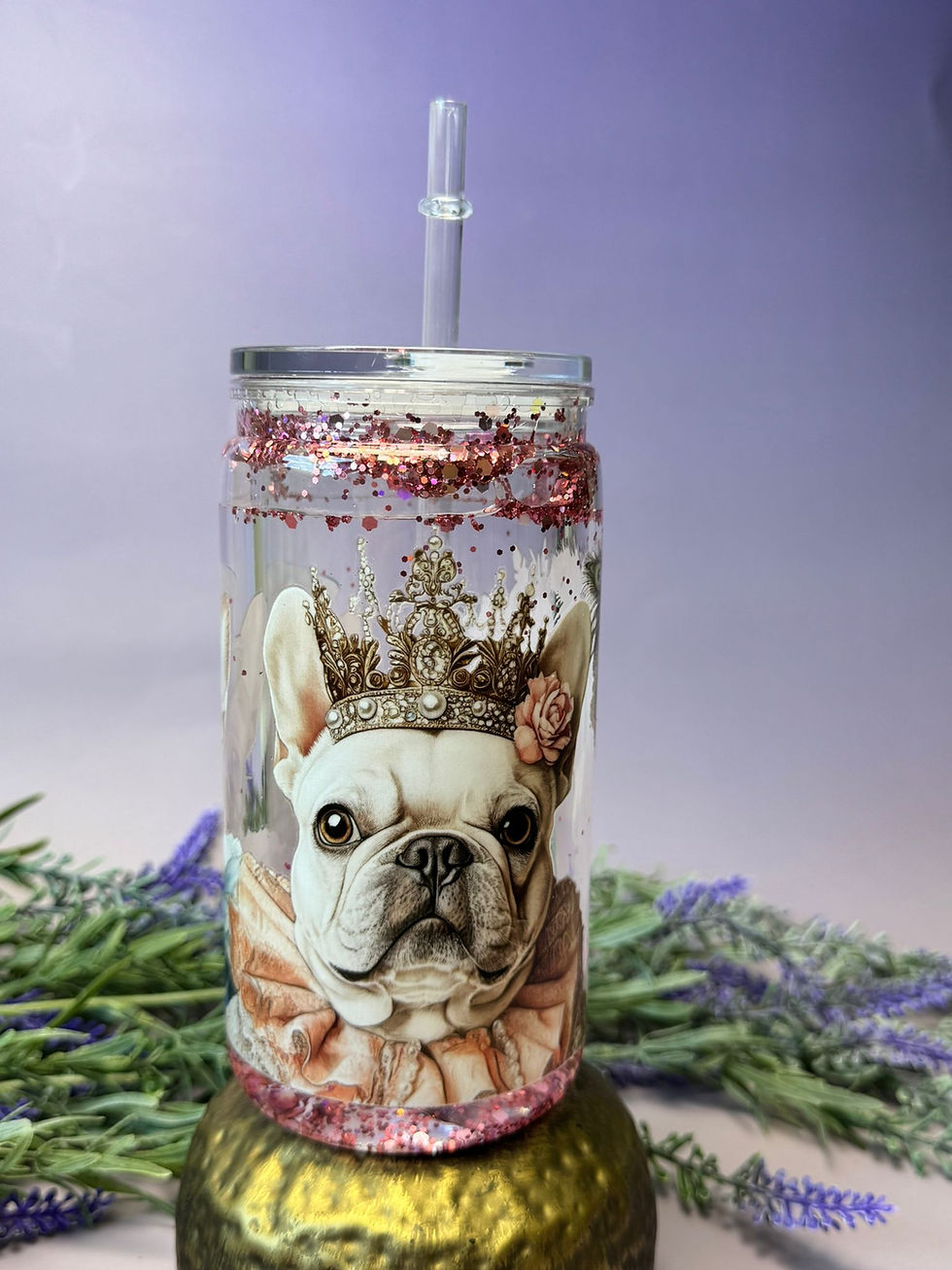 Thumbnail: Royal Dog Mom Snowglobe Tumbler | Pink Glitter Frenchie Cup