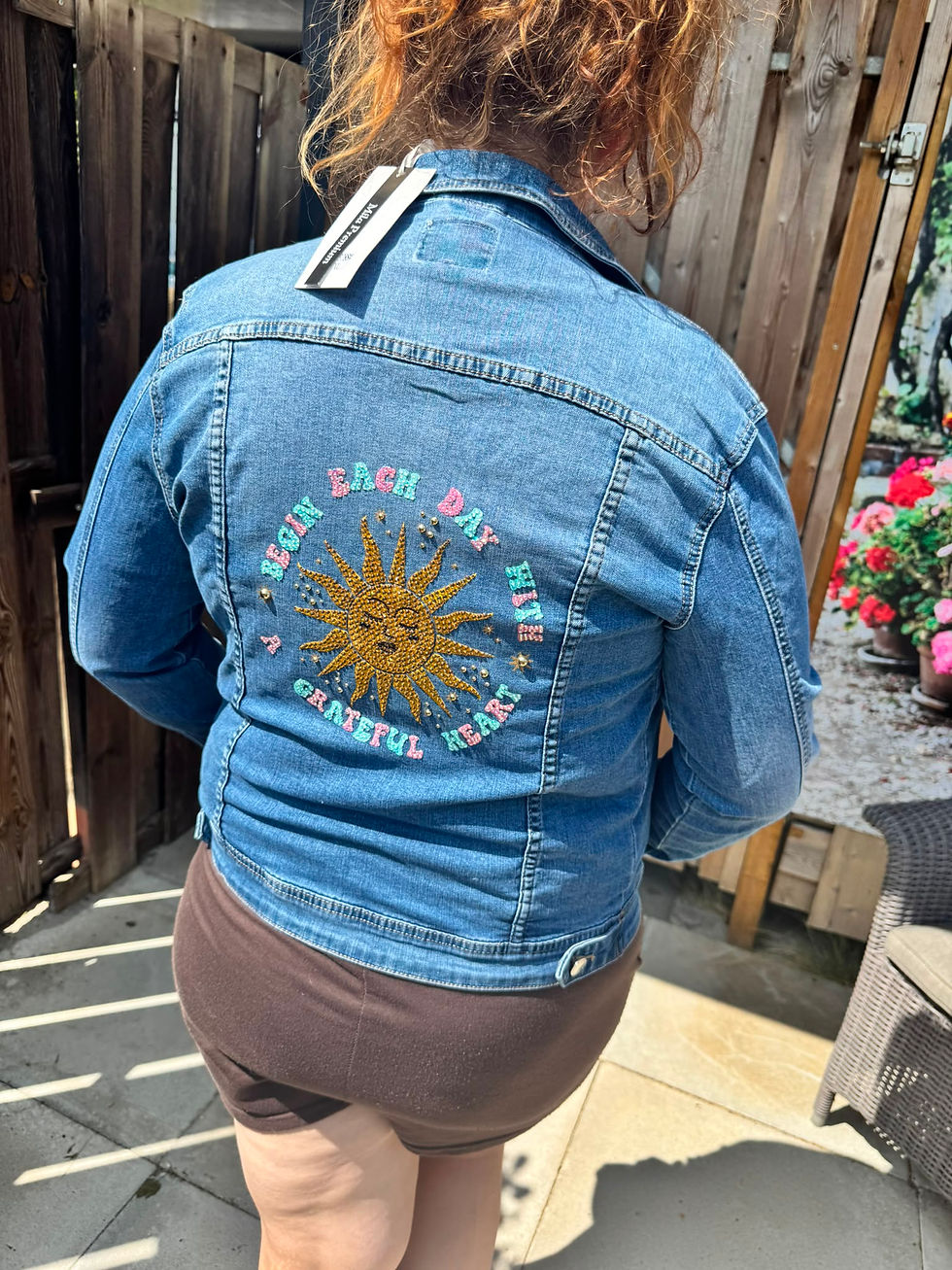 Thumbnail: Upcycled Denim Jacket XL | Rhinestone Sun Jacket | Spiritual Boho Denim Jacket