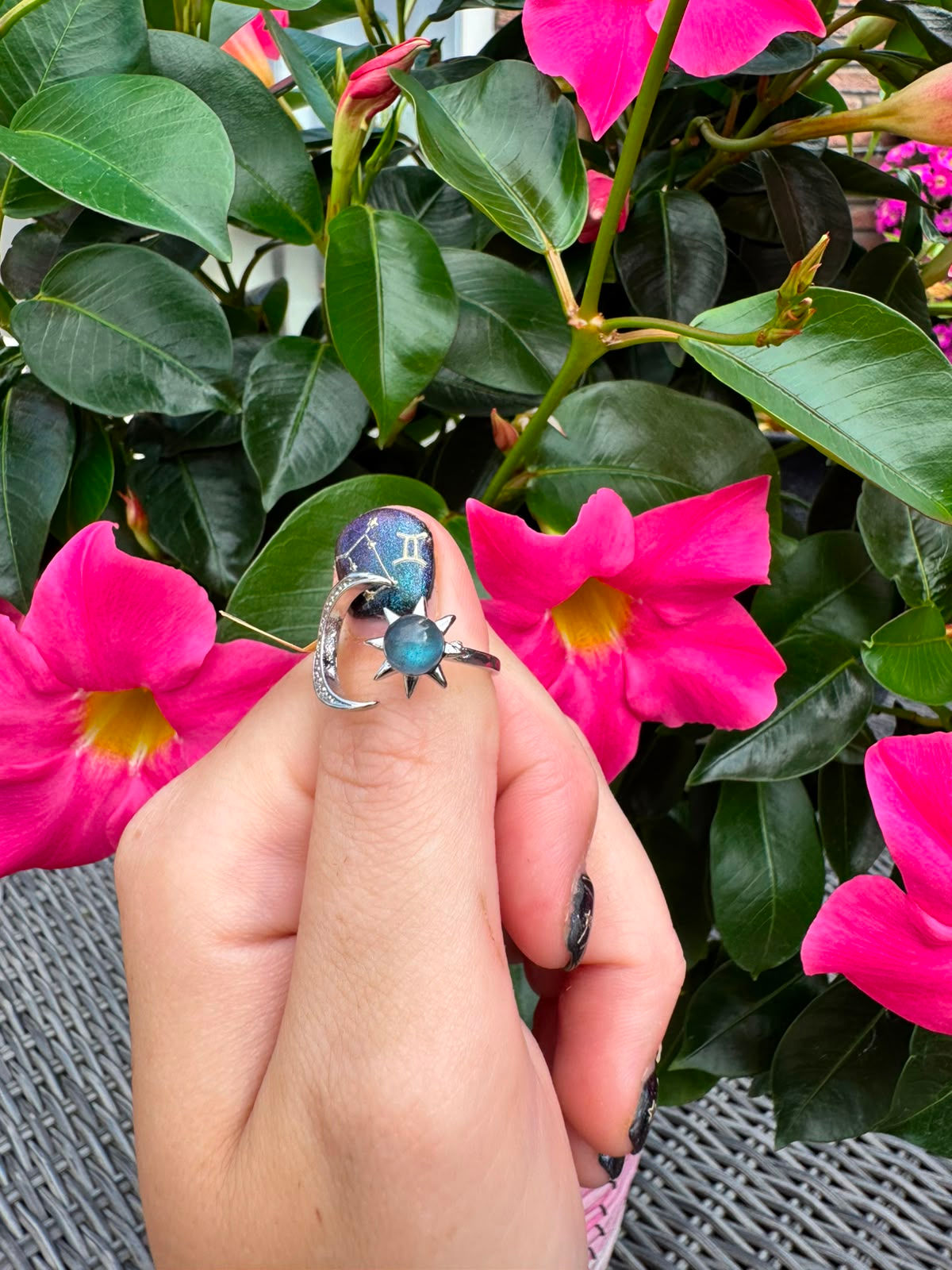 Labradorite Moon & Sun Adjustable Ring – Stainless Steel Crystal Ring