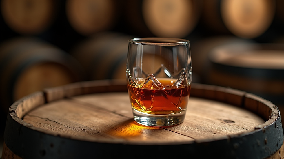 Close-up view of a glass of Maryland rye whiskey on a wooden barrel