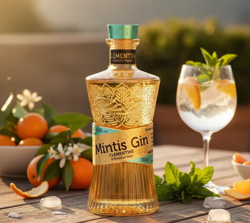 Ginebra Mintis Gin Clementine servida en vaso sobre una mesa de madera