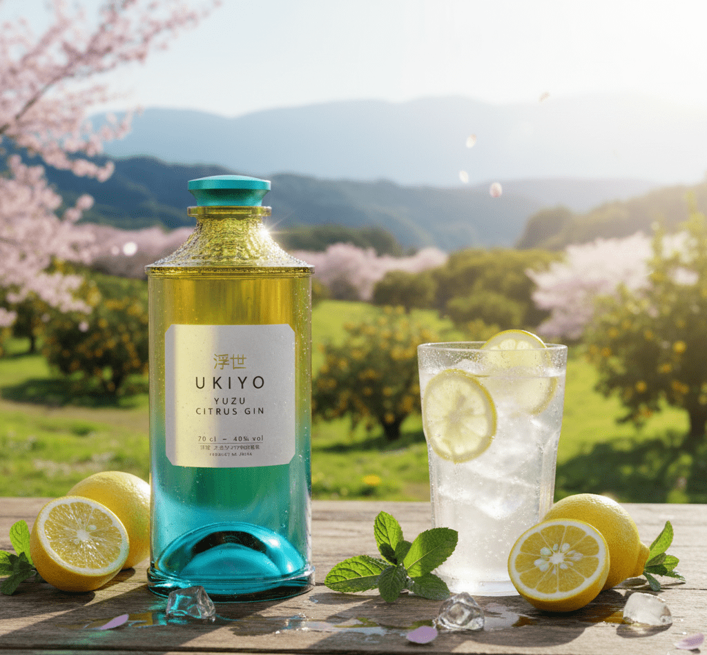 Gin Ukiyo Yuzu servida en vaso alto sobre una mesa de madera
