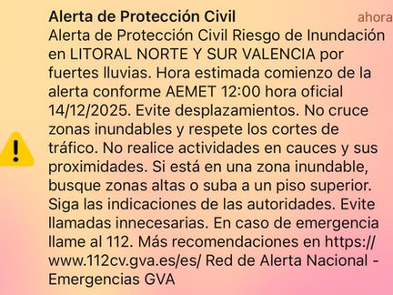 Imagen del mensaje es-alert de protección civil en valencia por la alerta roja 